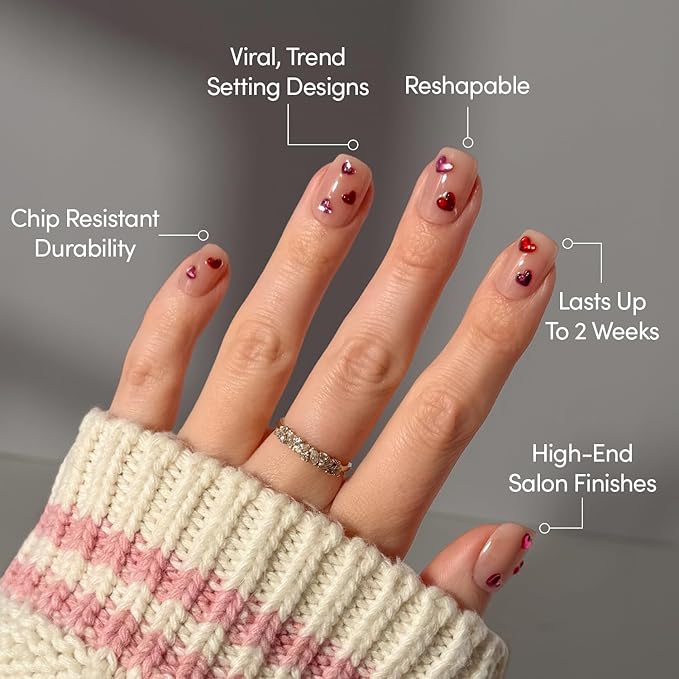 Valentines Day Glamnetic Press On Nails - Dear Lover | Short Squoval Fake Nails in Sheer Base with 3D Red & Pink Gemstone Heart Designs in a Glossy Finish | 15 Sizes - 30 Nail Kit with Glue