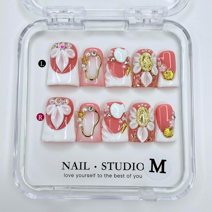 Handmade Press on Nails Short Duck Fake Nails French False Nails White Flower Acrylic Nails Full Cover Reusable Rhinestones 3D Shell Fake Nails for Women Girls Accessories (Size S)