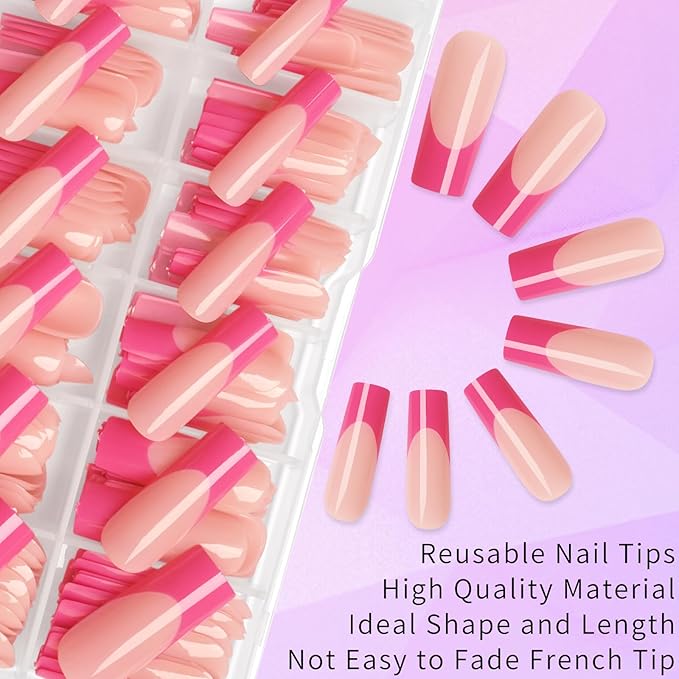 216PC Hot Pink French Tip Press on Nails Long Fake Nails Press ons with 10*Adhesive Tabs, Pink Square Acrylic Nails Press on Nails French Tip Nails False Artificial Fingernails Stick on Nails