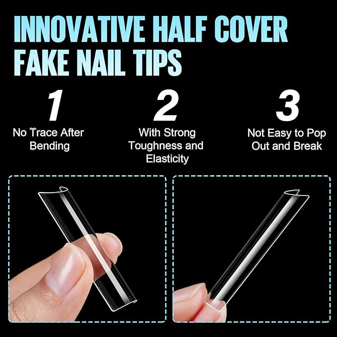 TOMICCA Extra Long Square Nail Tips XXL – 240pcs Clear Half Cover No C Curve Nail Tips, 10 Sizes False Nails for DIY & Salon, Beginners & Professionals