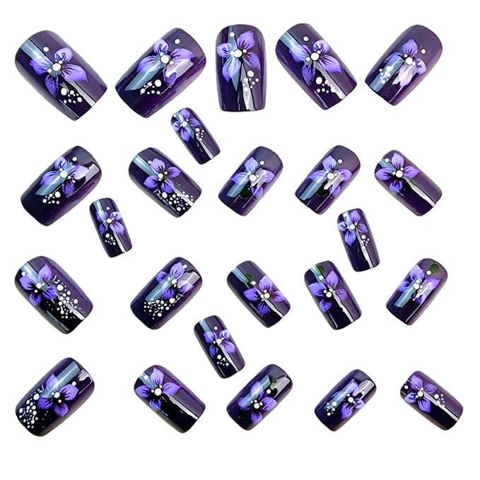 Purple Flower Press on Nails Medium Square Fake Nails with Floral Designs Black False Nail Full Cover Glossy Acrylic Artificial Fingernails Spring Summer Stick on Nail for Women 24Pcs