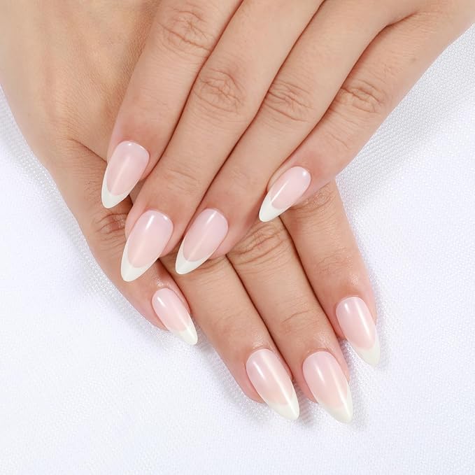 Rnker French Tip U Shape Press On Nails - White, Almond Top gel Nails with Bright Finish, 15 Sizes - 30 Nail Kit with Glue