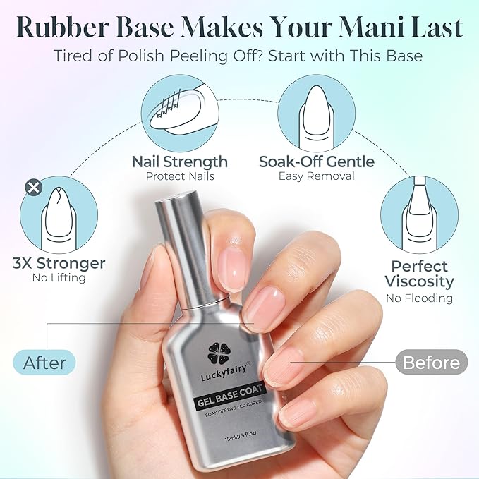 No Wipe Gel Top Coat and Base Coat Set: 2Pcs 15ml Rubber Base, Super Shiny Long Lasting Top Coat Gel Nail Polish, Acid-free Nail Strengthener Soak Off Lamp Needed, Nail Art Design Gift