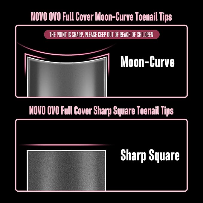 NOVO OVO Halloween Short Medium Toe Nail Tips with Moon Curve, Sharp Square Extra Thick Full cover Press on, Soft Gel False Toenail Extension Kit, Clear Matte Fake Nails DIY Pedicure x15 Sizes 330 Pcs