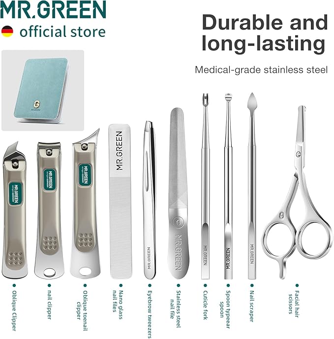 MR.GREEN Fashion Imprint Manicure Sets Professional Nail Clipper Set Personal Care Tool Kits Nial Cutter Gift With Leather Case (Green(10Pcs Set))