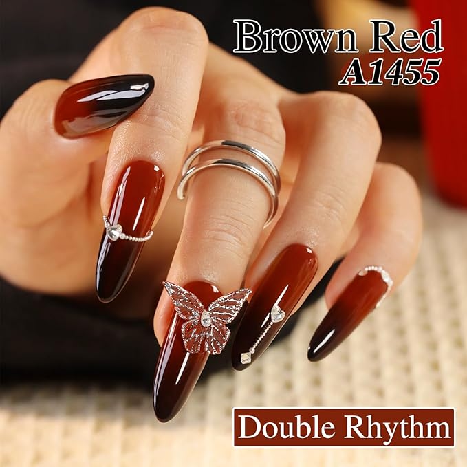 Double Rhythm Gel Polish 15ML Jelly Sheer Pastel Light Milky Color Pearl White Bottle 1 PC 0.5 OZ Full Size Nail Art Salon at Home (Deep Brown Red-D1455)