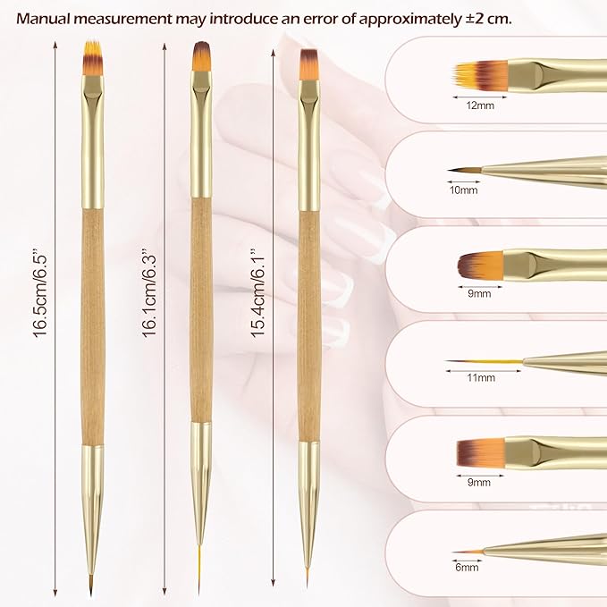 BlingKingdom 3 PCS Nail Brushes Set, Bamboo Double Ended Nail Art Brushes Professional Manicure Tools for Home DIY Salon Use