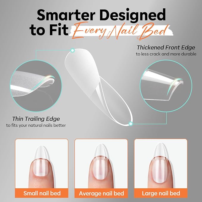 modelones Short Almond Nail Tips, Pre-shaped Soft Gel Tips Fake Nails False Acrylic Clear Full Cover Press on Extension Kit Gel Manicure DIY at Home 216PCS 12Sizes