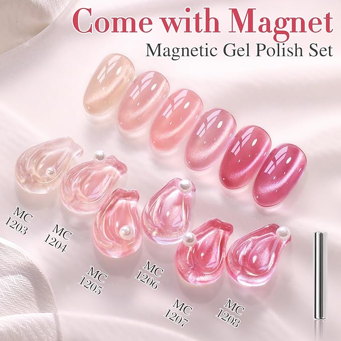Double Rhythm 0.5 OZ Cat Eye Gel Polish with Magnet 15ML Holographic Glitter Shimmer Translucent Jelly Color Magnetic Nail Polish Salon DIY at Home (Red Pink-MC1207)