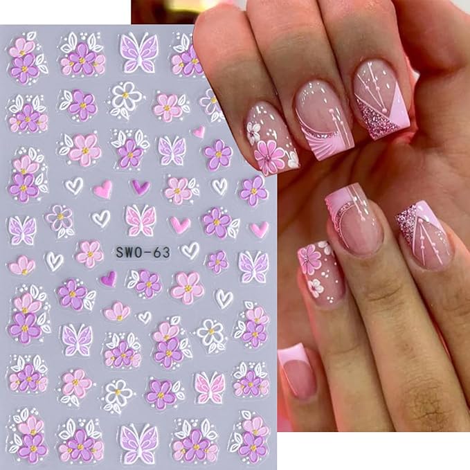 Easter Nail Stickers 6 Sheets - 5D Embossed Bunny, Eggs & Flowers Design, Self-Adhesive Nail Art Decals for Women DIY Manicure