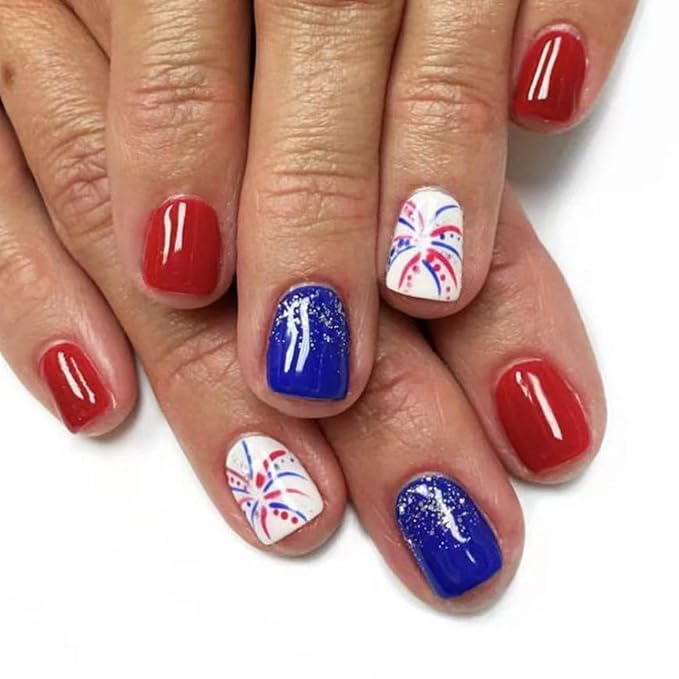 Independence Day Press on Nails Short Square Fake Nails with Fireworks Design Glossy Red False Nails Blue Glitter Acrylic Nail Summer 4th of July Glue on Nail for Women Girls Manicure 24Pcs
