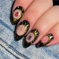 Short Press on Nails Almond Fake Nails Black False Nails Artificial Nails with Insect DesignsGold CharmStick on Nails for Women 24pcs