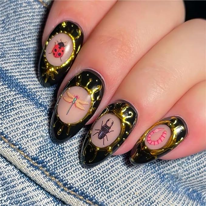Short Press on Nails Almond Fake Nails Black False Nails Artificial Nails with Insect DesignsGold CharmStick on Nails for Women 24pcs