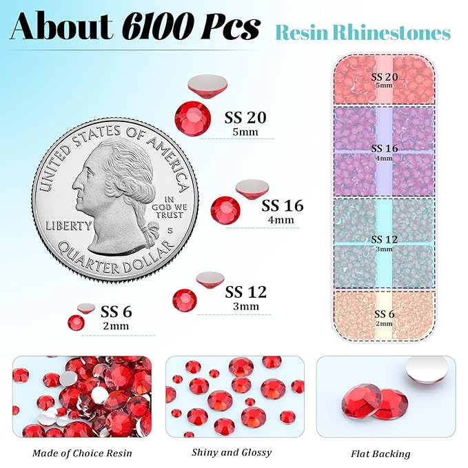 6100Pcs Resin Red Rhinestones for Bedazzling with 2Pcs 10ml B7000 Jewelry Glue, 1 Box Flatback Gems Crystals Diamonds for Makeup Crafting Nail Art