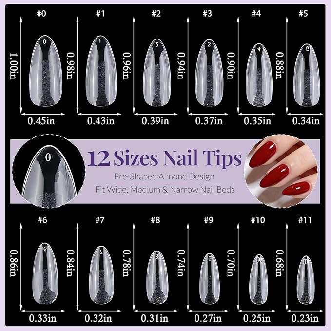 AddFavor 240pcs Almond Nail Tips Clear Full Cover Medium Length Short Almond Fake Nails Acrylic Gel Nail Tips for Salon and Home Nail Art Manicure 12 Sizes