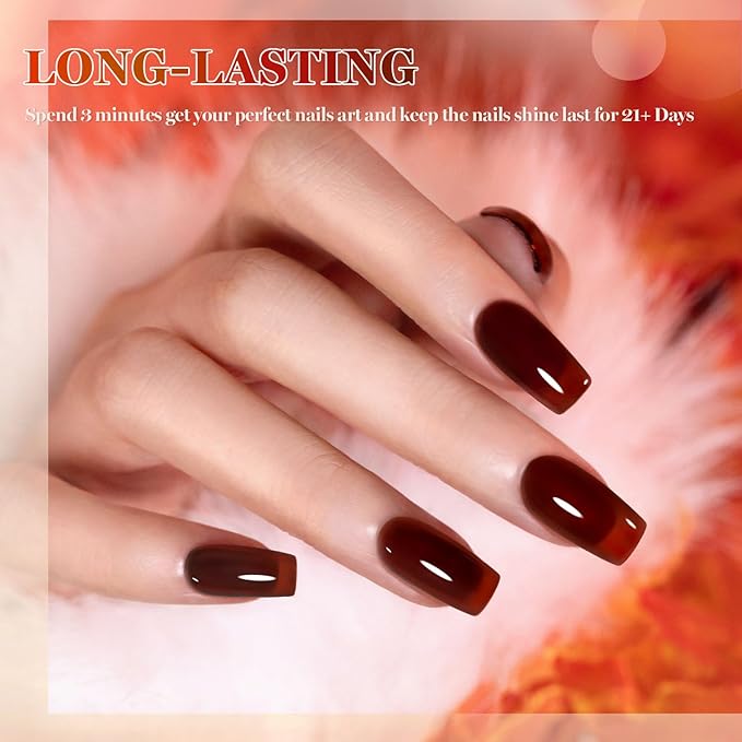 RARJSM Jelly Brown Stained Glass Gel Nail Polish Set 6pcs Clear Glazed Amber Orange Caramel Mocha Brown Wine Cherry Red Crystal Transparent Sheer Gel Varnish Curing Requires Home Salon Manicure