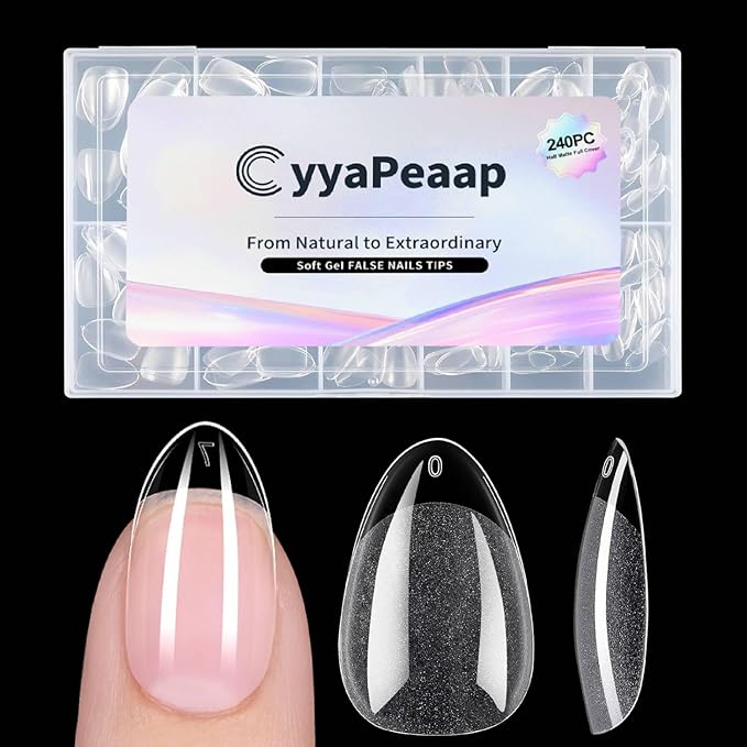 Short Almond Nail Tips - 12 Sizes 240 PCS Half Matte Full Cover Clear Fake Nails Soft Gel Pre-shaped Press On False Nails Acrylic Soft Nail Tips No C Curve Extension Manicure DIY Gelly Tips