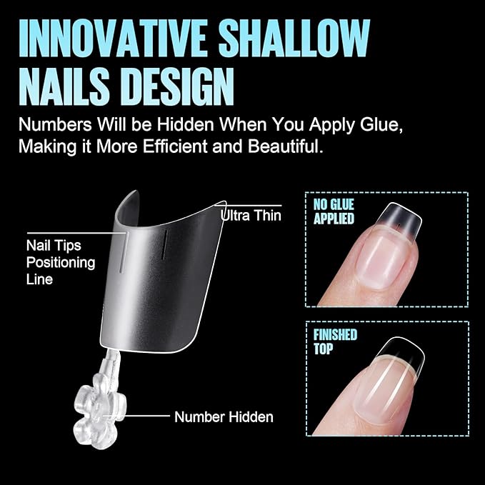 TOMICCA Short Squoval Nail Tips, 240Pcs Acrylic Half Cover Tips, 12 Sizes No C Curve Full Matte Gel Nail Tips, Nail Extension Tips for Beginner and Professional