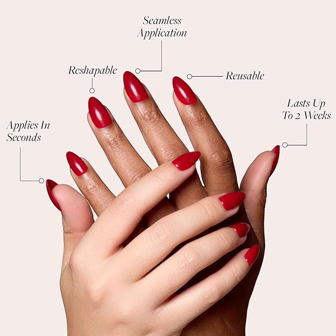 Glamnetic Press On Nails - Classic Red Fake Nails | Opaque Cool Tone, Timeless Red Short Almond Fake Nails, Salon Quality | 15 Sizes - 30 Nail Kit with Glue