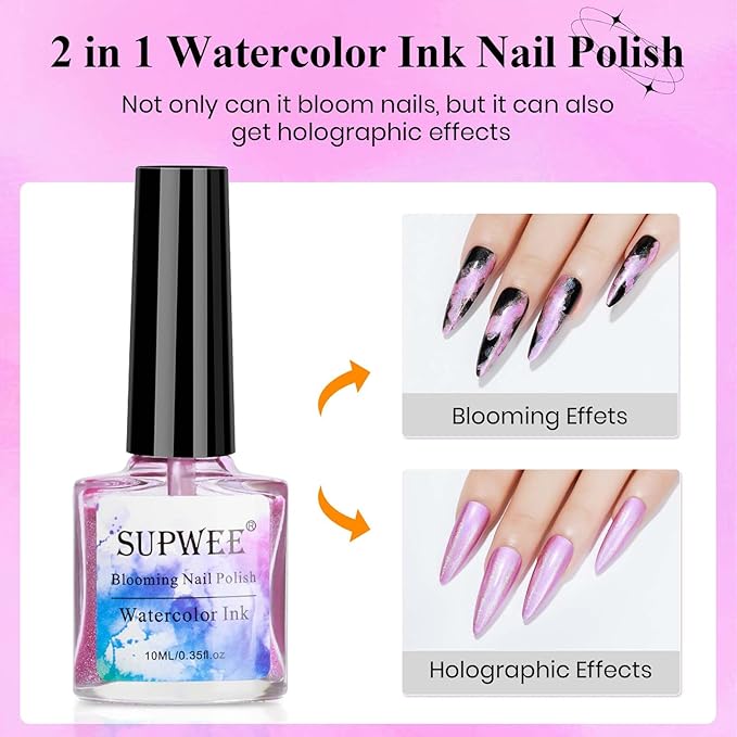 2 In 1 Marble Nail Polish and Holographicge Nail Polish Marble Watercolor Ink Nails Painting Blooming Gel Polish Nails Art Design 001