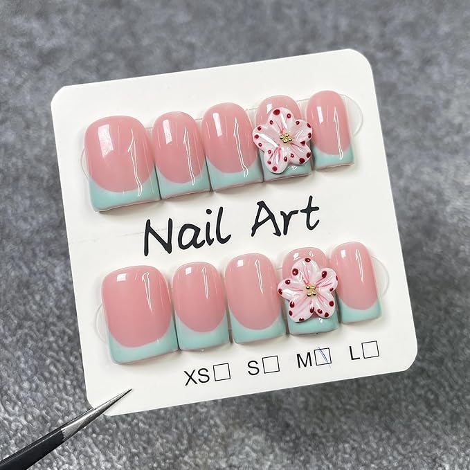 3D Flower Press on Nails Short Square Fake Nails Thick and Multi-Layer Gel Handmade Press On Nails Green French Tip False Nails with Designs Luxury Stick on Nail for Women Manicure (Size M)