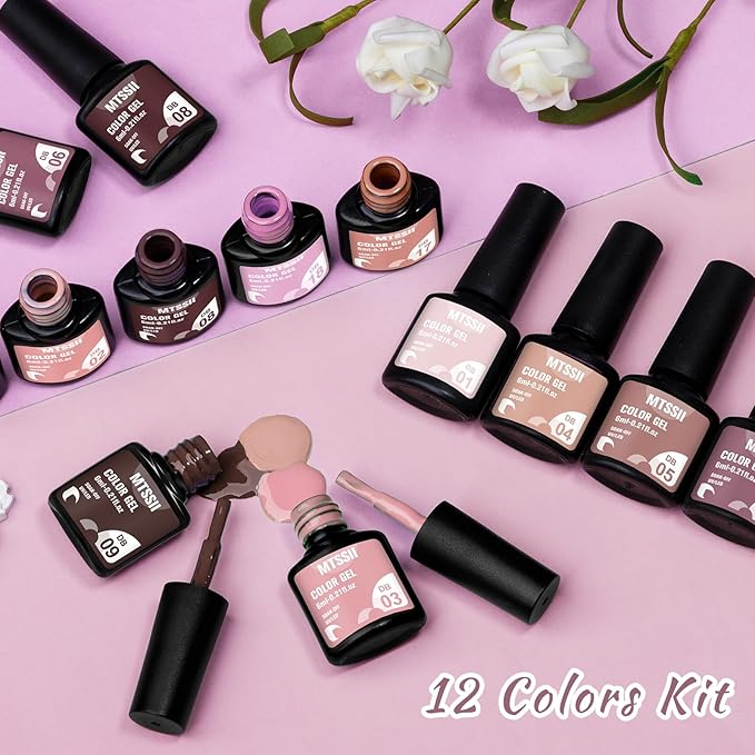 MTSSII Gel Nail Polish Kit, 12 Colors Fall Winter Pink Nude Brown Gel Polish Set Skin Tones Neutral Soak Off Gel Nail Gifts for Women Girl DIY Salon Home Manicure