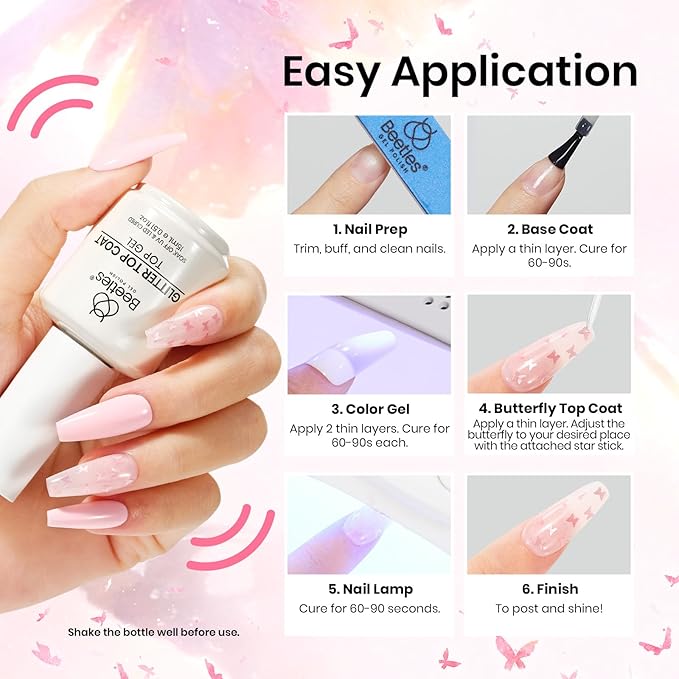 Beetles Butterfly Gel Top Coat 15ml - Floral Sprite Pink Butterfly Glitter Shine No Wipe Top Coat Long-Lasting for Gel Polish Sparkle Soak Off UV LED for Women