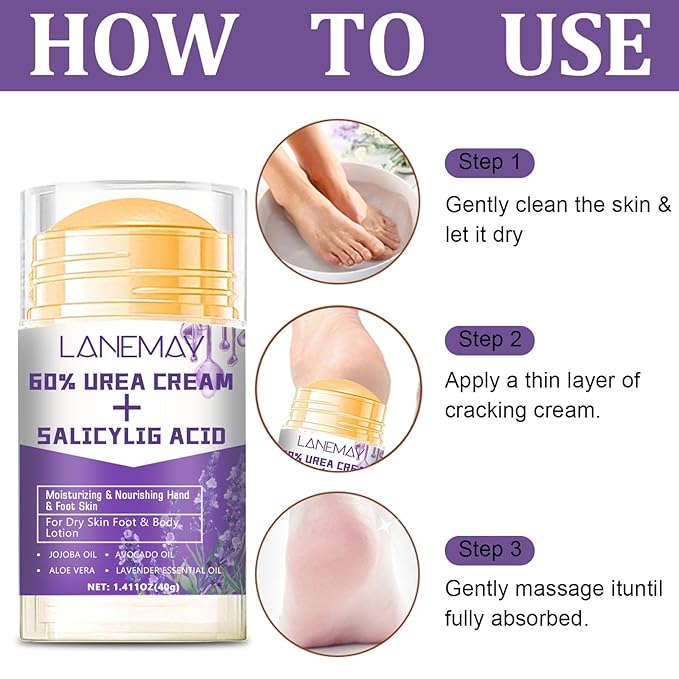 2Pcs Urea Cream 60% for Feet & Dry Cracked Skin, Cracked Heel Repair Stick Maximum Strength Moisturizing Foot & Hand Balm (Lavender)