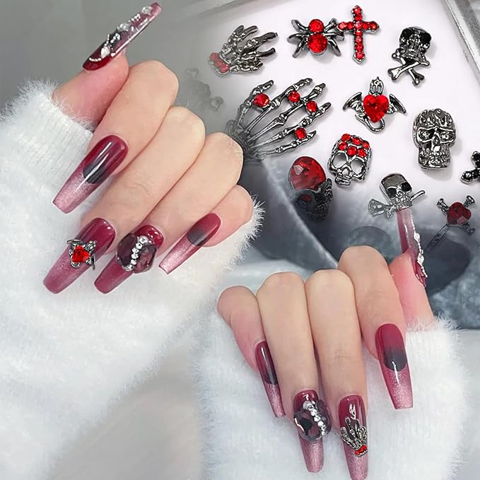 Halloween Nail Charms,48pcs Ghost Head Spider Skull Hand Cross Nail Gems with Rhinestones,Retro Skeleton Spider Gold Silver Alloy Nail Art Jewelry Decoration for DIY Halloween Nail Design Crafts