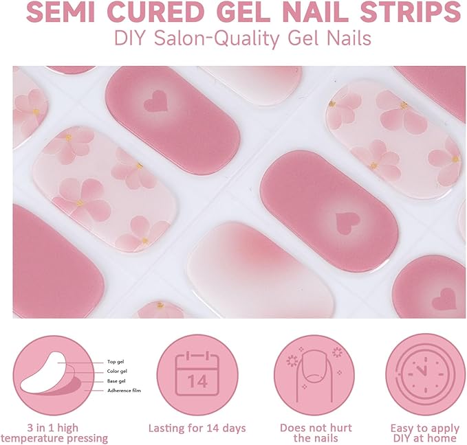 Semi Cured Gel Nail Strips,28 Pcs Flowers Gel Nail Stickers Wraps,Long Lasting Polish Strips with UV Light Requried, Easy to Apply (Pink Love)