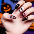 Halloween Press on Nails - Long Stiletto Fake Nails with Horror Demon & Bloody Mouth Designs | 3D Reusable Acrylic Nail,Stick on Nail for Women | 12Size - 24Pcs with Jelly Glue