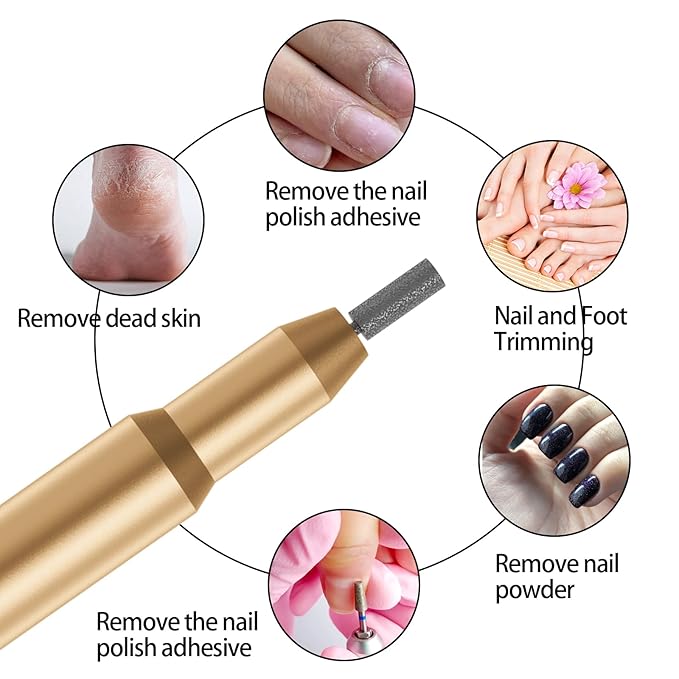 Nail Drill Kit Electric Rechargeable Set Cordless Nail Art Grinding Machine Compact Professional Nail File for Gel Manicure Pedicure Polishing Tool Household,Nail Removal Machine (Golden)