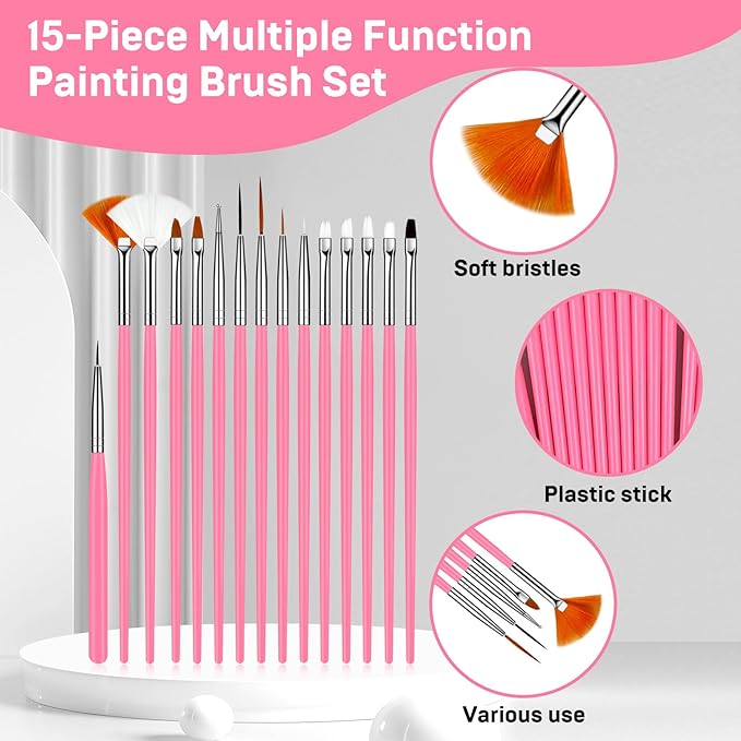 15pcs Pink Nail Art Brushes Set Nail Pen Designer Acrylic Nail Art Gel Painting Brushes Tool Dust Brush,Striping Brushes Dotting Tools for Long Lines Fan Brush Gel Polish Nail Art Supplies