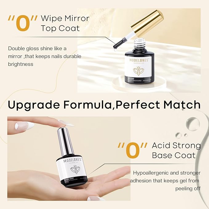 modelones 3 Pcs Gel Top Coat & Base with Cuticle Oil Set,10 ml Cuticle Protectors Set Gel Nail Polish No Wipe Base Gloss Top Coat & Nail Oil