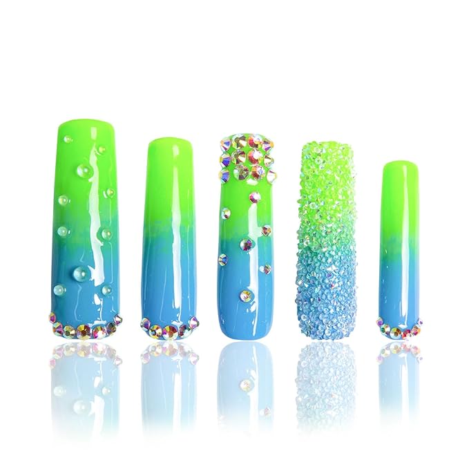LOVFUL Press on Nails Dreamy Sky Luxury| Handmade with Full Covered Crystals| Reusable Fake Nails| Square Mid length 1.7in| H69-S
