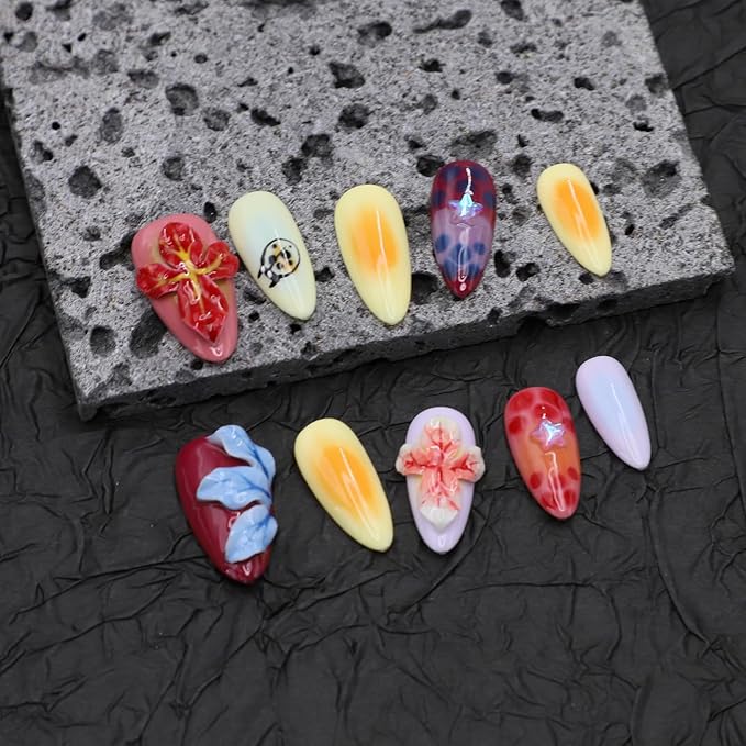 Handmade Press on Nails Medium Almond Nails Thick Fake Nails with Glue,Colourful False Nails with 3D Tropical Flower Art Design Acrylic Nails Nature Stick on Nail for Wome (Size M)