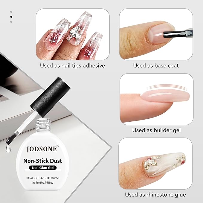 JODSONE Gel Nail Glue - 16.5ml Anti-Dust & Super Strong Nail Glue for False Nails Tips,Low Heat,No Bubbles,Curing Smooth & Long Lasting,Curing Needed U V Light