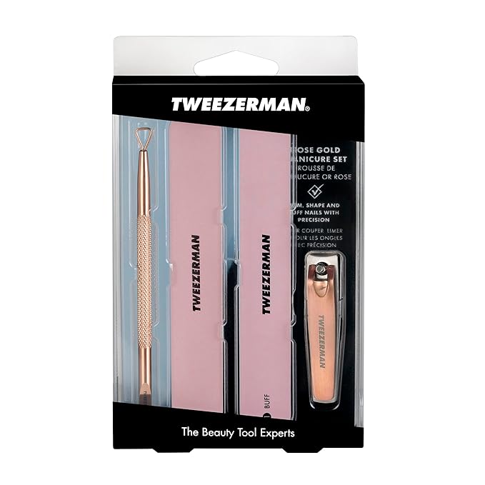 Tweezerman Rose Gold Manicure Kit Includes Nail Clipper, Dual-ended Polish Remover Pushy, and 2 Nail Files