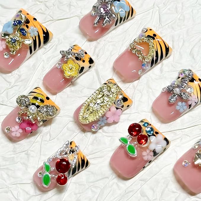 10 Pcs Duck Press on Nails Medium Handmade Fake Nails French Tip with 3D Flower Butterfly Cherry Design Leopard Print False Nails Glossy Acrylic Artificial Full Cover Stick on Nail for Women（M）