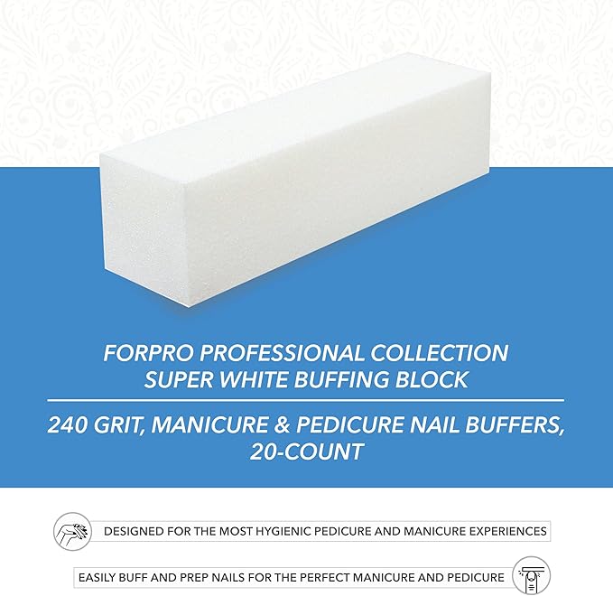 ForPro Professional Collection Super White Buffing Block, 240 Grit, Four-Sided Manicure and Pedicure Nail Buffer, 3.75” L x 1” W x 1” H, 20-Count