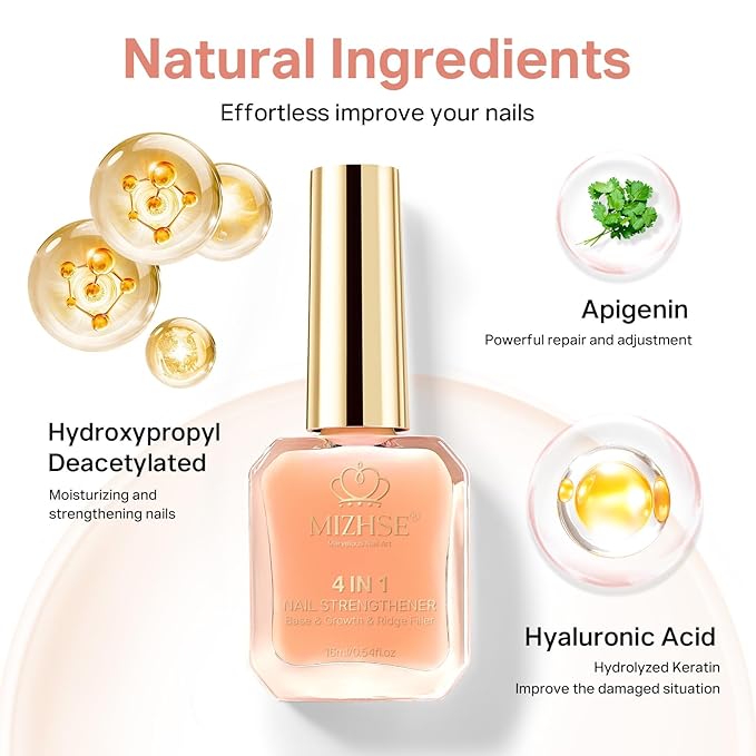 MIZHSE Nail Strengthener, Nude Color Air Dry Nail Repair Treatment Growth Polish, Natural Concealer Ridge Filler for Nails Foundation Polish for Thin and Damaged Nails 16ML