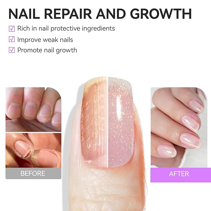 Nail Repair Strengthener for Home Care: Gelike EC 6 in 1 Natural Nail Protein Hardener Extra Strong and Growth - Long Lasting and Fast Dry Polish for Damaged Weak Split Treatment(Glitter Pink 15ml)