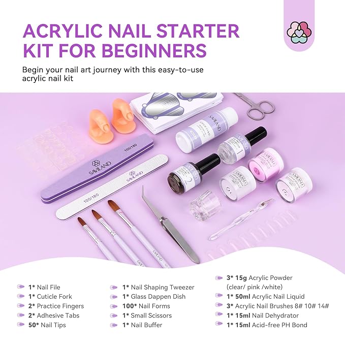 SAVILAND Acrylic Nail Kit for Beginners: White Pink Clear Acrylic Powder and Liquid Set with Nail Dehydrator Primer Brushes Forms Tips Tools Nails Kit Acrylic Set with Everything Home DIY