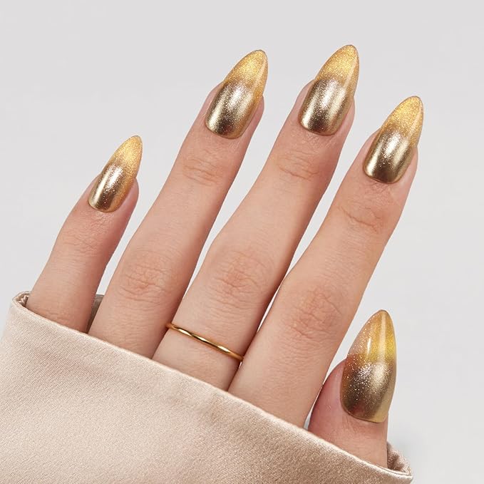 VSALON Press on Nails Medium Almond - Metallic Golden Ombre Cat Eye Glue On Nails for Women, Opaque Sparkle Salon Quality Fake Nails - 32 PCS Stick on Nails in 16 Sizes with Glue & Cuticle Oil