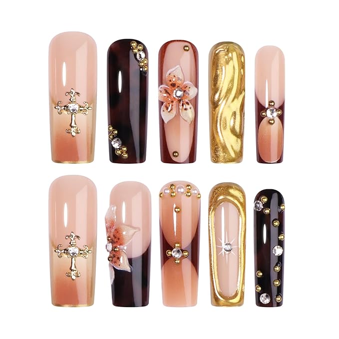 Brown Flower Press on Nails Long Square-Handmade Nails with 3D Chrome Gold Floral Rhinestones Designs Leopard French Tip Fall Nail, Autumn Winter New Year Fake Nails for Women, 24PCS
