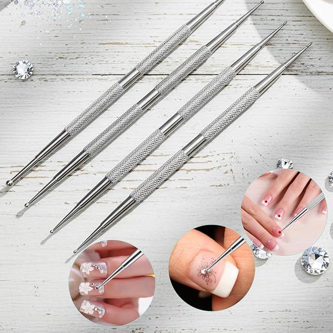 4 Pcs Double-Ended Dotting Tools, Professional Nail Art Brushes, Stainless Steel Nail Design Kit, Rhinestone Picker, Pottery and Polymer Clay Tools
