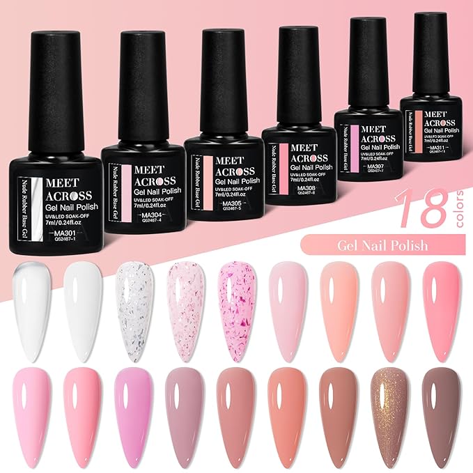 MEET ACROSS 18Pcs Rubber Builder Gel for Nails Pink Brown Gold Foil 2-in-1 Base Color Gel Polish Strengthen Gel Nail Polish Art Manicure Kit