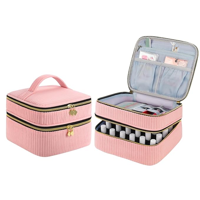 Nail Polish Organizer- Holds 30 Bottles, Nail Organizers and Storage Double-Layer Nail Bag Organizer Case Nail Polish Holder with Handle, Nail Kit Organizer for Manicures Tools (Pink)