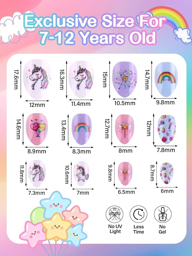 EBANKU 72Pcs Press on Nail Kid, Ice Cream Cute Pattern Fake Nails for Kids Colorful Press on Nail Short Artificial False Nail Kits for Nail DIY