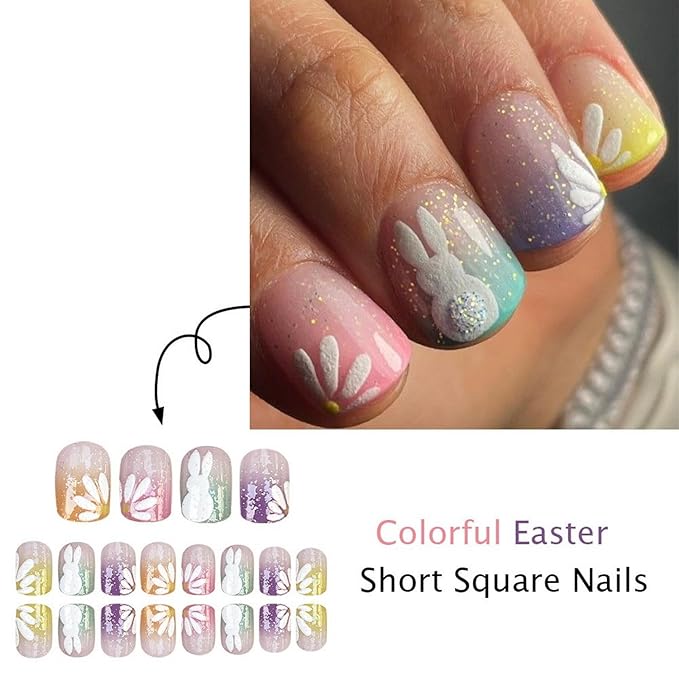 Easter Press on Nails Colorful Gradient French Tip Fake Nails White Bunny & Flower Designs Easter Short Square False Nail Full Cover Glitter Stick on Nails for Women DIY Manicuare 24 Pcs